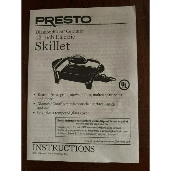 Presto Diamondcoat Ceramic 12 Inch Electric Skillet with Glass Cover NOS 2015