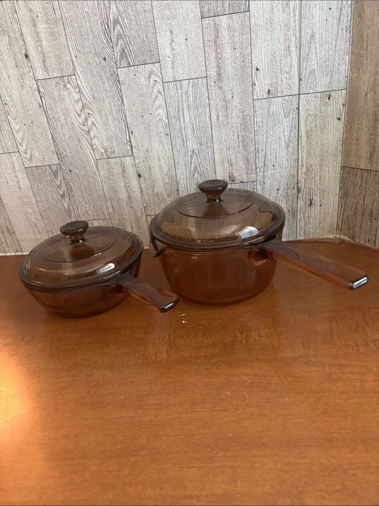 Pyrex vision Corning USA Brown Glass Saucepan Set with Lids - Home Kitchen