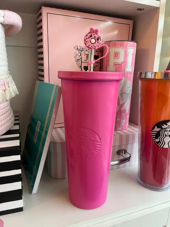 Starbucks Hot Pink Tumbler with Donut Stirrer
