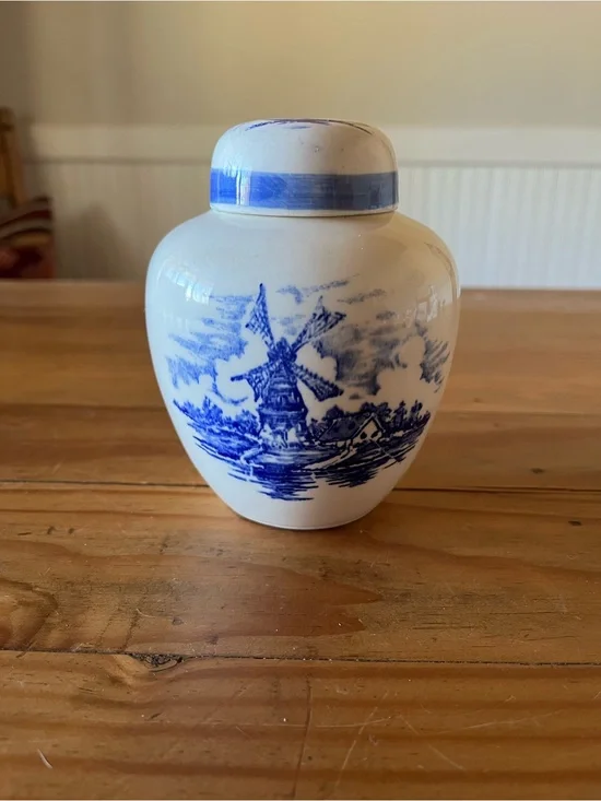Vintage Hand Painted Windmill Jar w/Lid