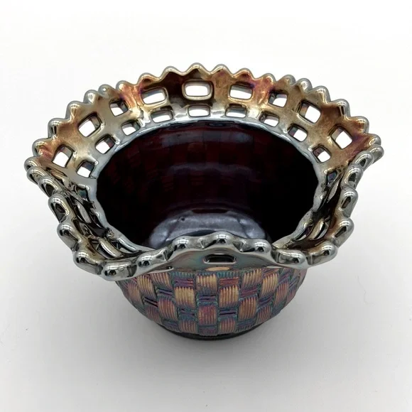 Vintage Fenton Iridescent Basket Weave Bowl