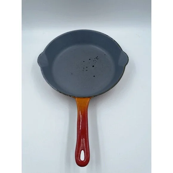 Vintage Descoware Flame Orange 9” Cast Iron Enamel Fry Pan Belgium