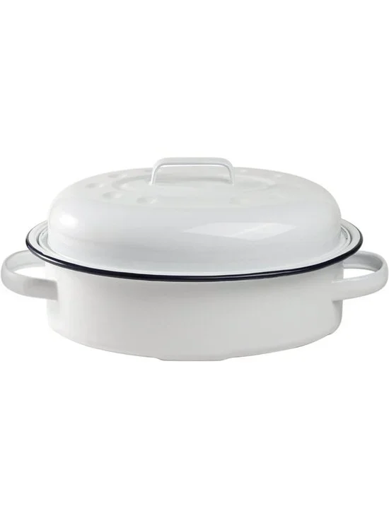 Vintage Farmhouse Oval Roasting Pan with Lid, Enameled Cookware, 15.5 Inch