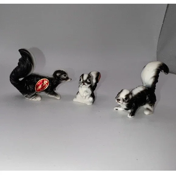 Vintage Miniature Bone China Japan Family of Skunks Trinket Shelf Wild Animals