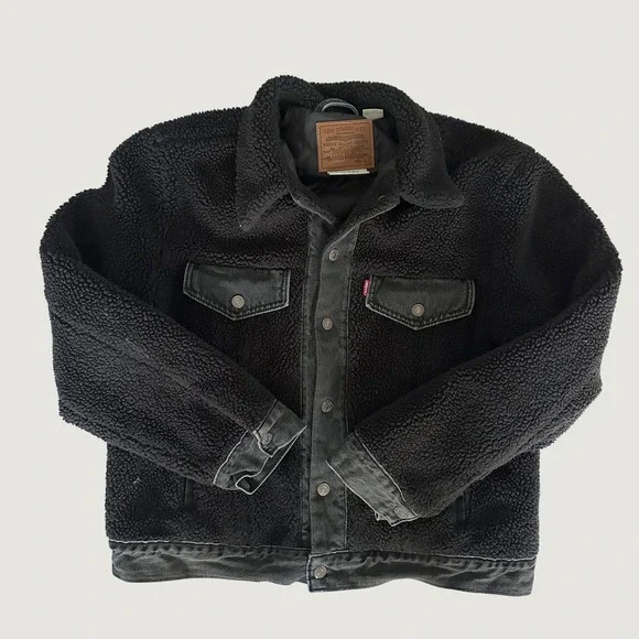 Levis Premium Mens L Sherpa Trucker Jacket Black Fleece Denim Hybrid Large