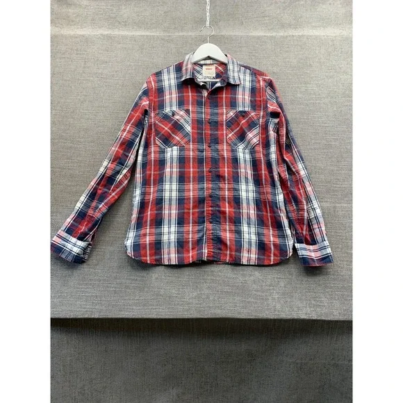 Levi's Shirt Men Medium Multi Plaid Standard Round Hem Roll Tab Sleeve Button Up
