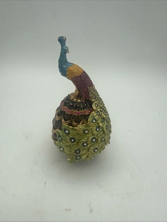 VTG Bejeweled Peacock Bird Egg Trinket Box Magnetic Lid Enamel Inside 4”