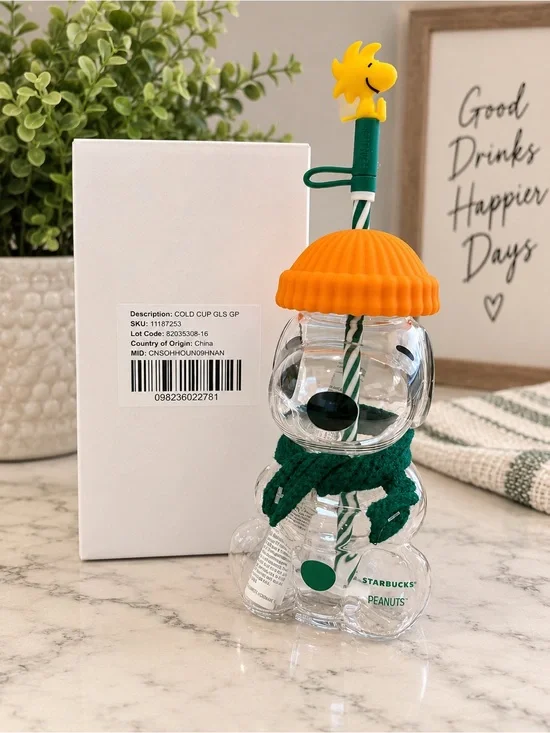 Starbucks Clear Bear Cup with Orange Lid, Green Scarf and Yellow Topper