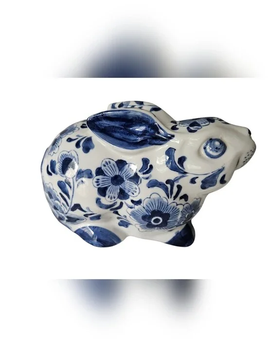 Vintage Delft Style Blue & White Chinoiserie Ceramic Rabbit Figurine | SZ 9