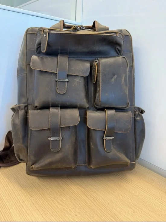 Men's Brown Leather Laptop Backpack with Multiple Organizer Pockets