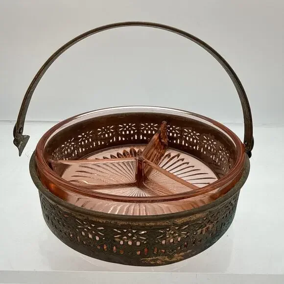 1930s Pink Depression Glass Divided Relish Candy Snack Dish in Copper Basket ⬇️