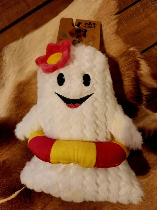 White Plush Ghost Dog Toy with Pink Flower and Yellow-Red Float