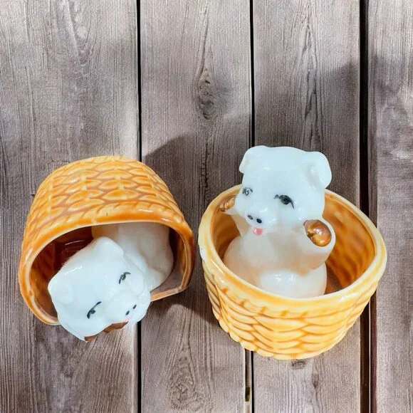 Vintage 1980s Porcelain Pings In Woven Basket Figurine‎ Set Made On Taiwan VTG