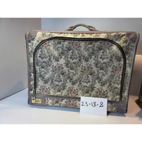 Vintage Suitcase French Luggage Co Gray Floral Rose Tapestry & Suede Leather 23