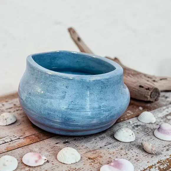 Handmade Studio Art Pottery Blue Glazed Bowl Planter Succulent Pot Artisan SDG