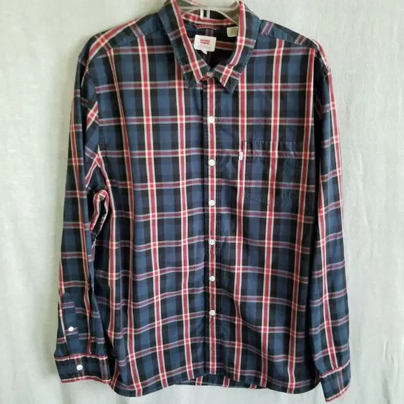 Levi's Men's Button Up Shirt 2XL Red Plaid Modern Fit Pocket Long Sleeve Check‎