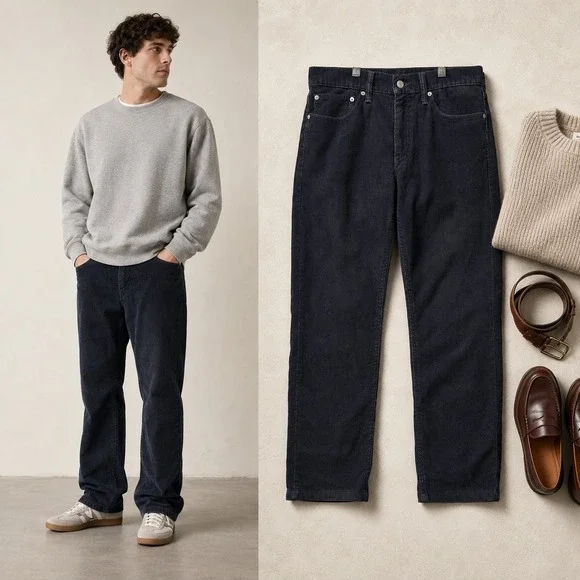 Levi's 514 Corduroy Pants Men's 33x30 Navy Blue‎ Straight Leg Y2K Dark Academia