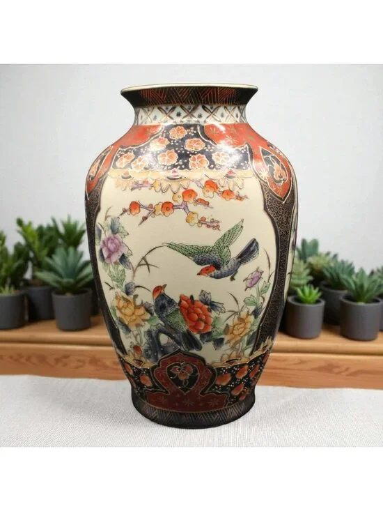 Antique Japanese Vase Heavy Moriage Birds Cherry Blossoms 12