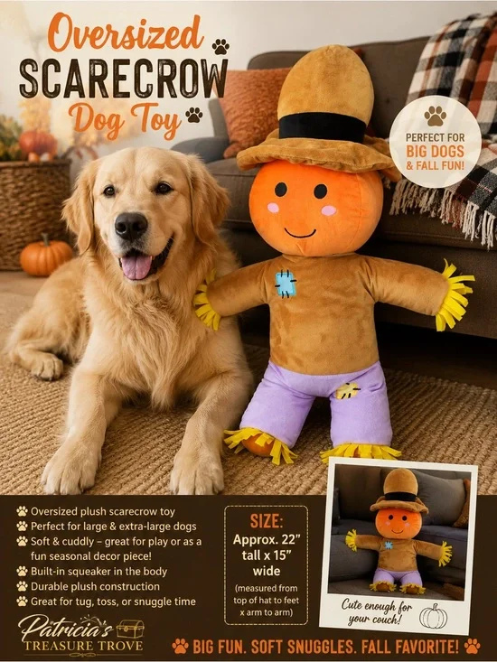 Oversized Scarecrow Dog Toy - Orange/Brown/Purple