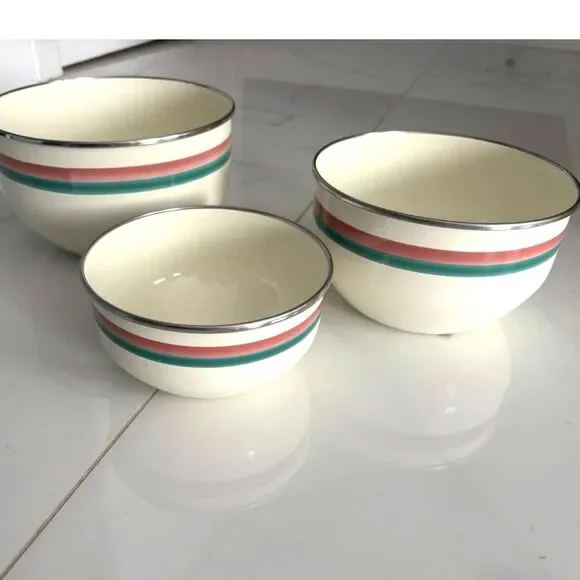 Vintage Pfaltzgraff Juniper Mixing Bowls Set of 3 Enamel Metal Green Mauve