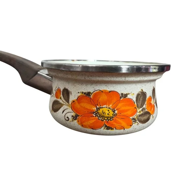 Vintage Sanko Ware Japan Floral Enamel Saucepan Orange Flower MCM 70s