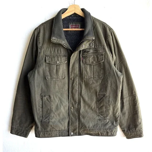 Levi’s Jacket Men’s L Green Canvas Military Hipster Sherpa Lined Full Zip Urban