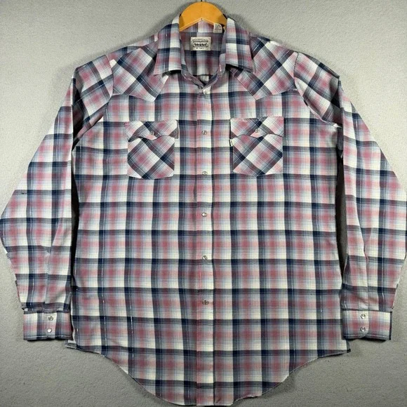 Levis Mens XL-Tall Plaid Western Pearl Snap Shirt Red White Blue Vintage Korea