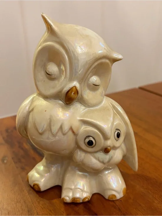 Vintage Iridescent Ceramic Mother & Baby Owl Figurine 6