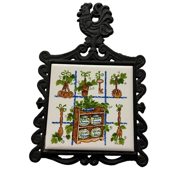 VTG Cherry MCM Ceramic Tile Cast Iron Trivet Kitchen Japan Excellent Condition!