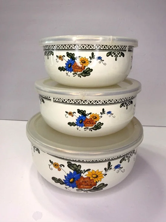 Vintage Floral Enamelware Nesting Bowls Set of 3 With Lids