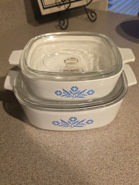 CORNING WARE White Ceramic Baking Dishes with Blue Floral Design - Set of 2