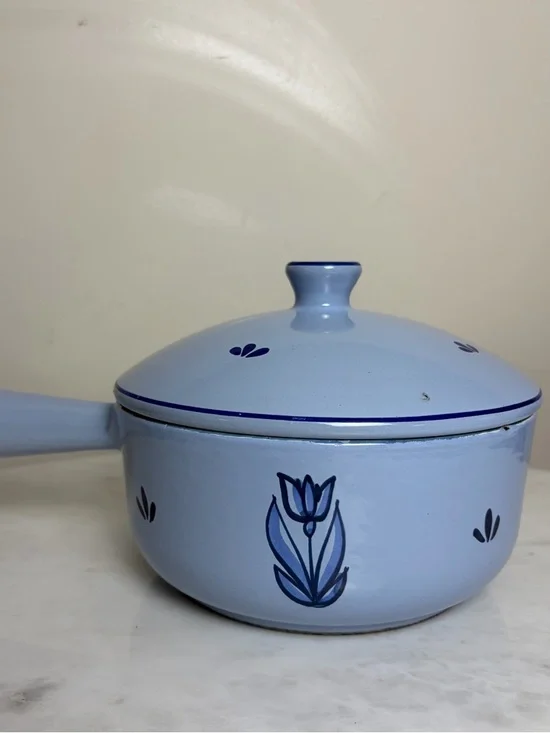 Vintage DRU Holland Blue Tulip Enamel Cast Iron Saucepan Pot Lid 4031-16 50s 6