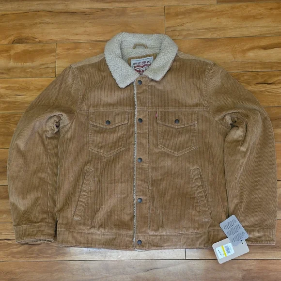 Levi's Sherpa Lined Corduroy Utility Trucker Jacket Tan Size Medium Mens NEW