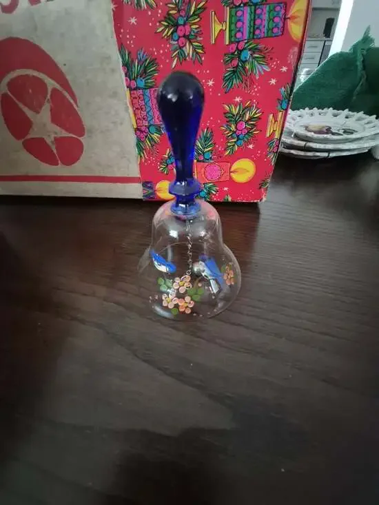 Vintage Hand Blown Art Glass Bell Cobalt Blue Handle Birds Flowers