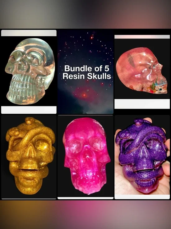 Bundle of 5 Handmade Colorful Resin Skull Heads