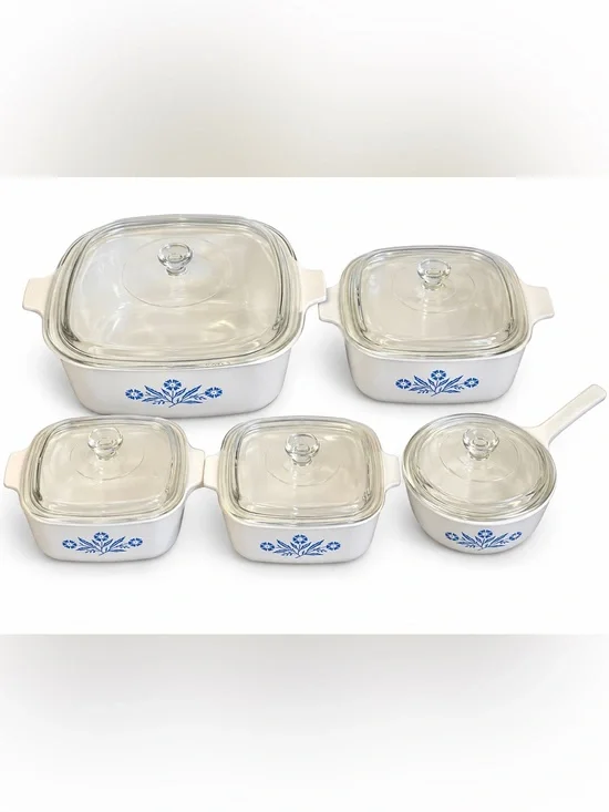 Vintage Corning Ware Blue Cornflower 5 Pc Cookware Set w/ Glass Lids USA