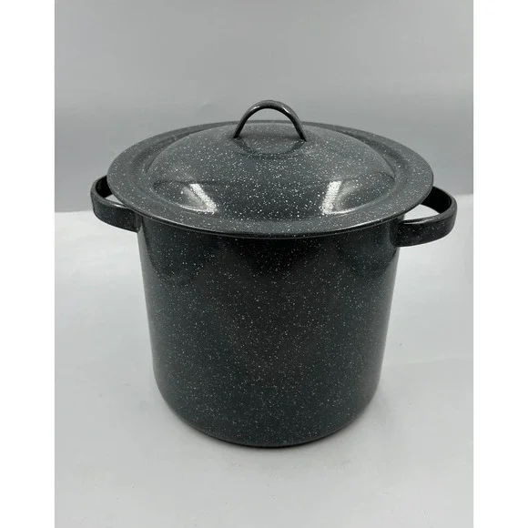Vintage EnamelWare Black Speckled White Medium Stock Soup Pot‎ W Lid