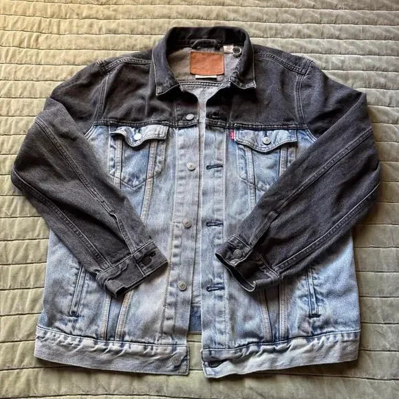 levis premium two tone acid washed denim trucker jacket colorblock black blue xl