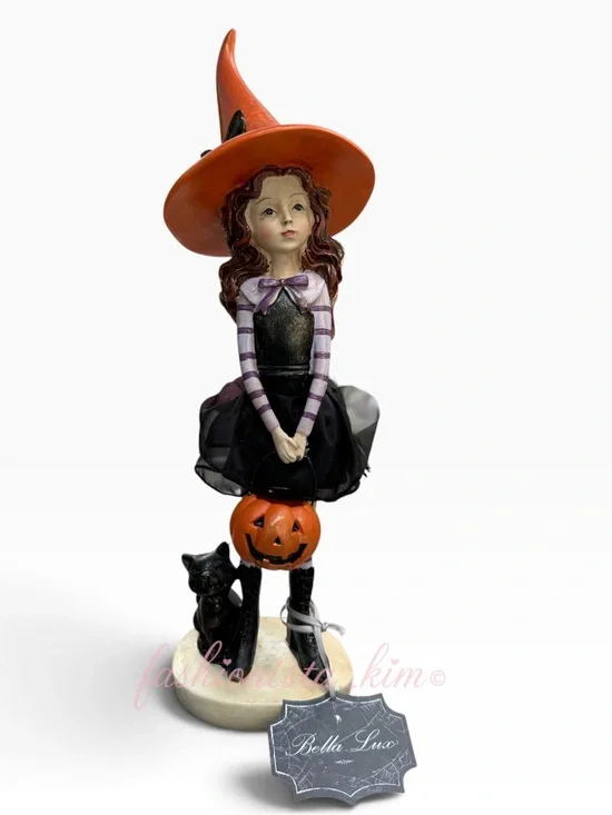 Bella Lux Witch girl with pumpkin Black Cat Orange Hat Halloween decor