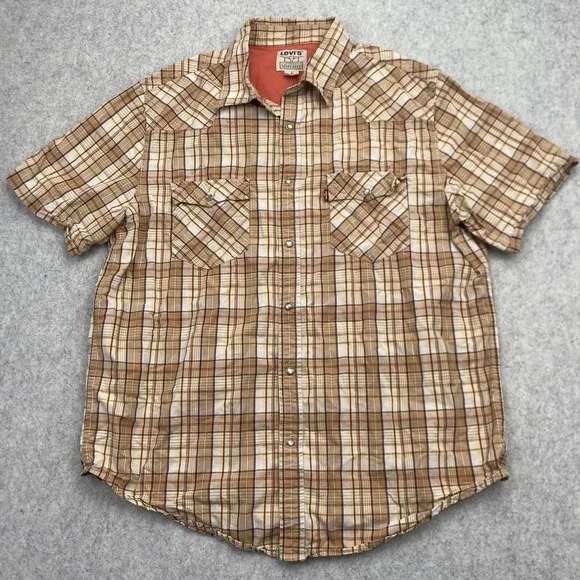 Levi's Shirt Mens Large Beige Plaid Western Pearl Snap Short Sleeve Casual