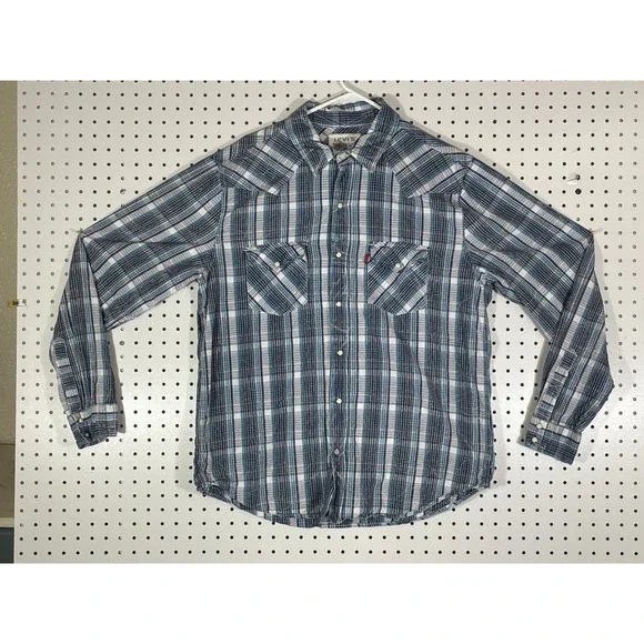 Levis Mens Large Blue Plaid Long Sleeve Western Pearl Snap Button Down Shirt