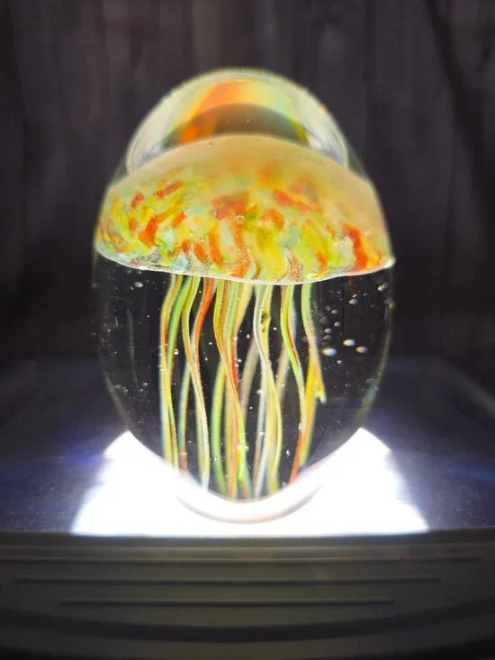 Vintage Crystal Art Oval Glass JELLYFISH PAPERWEIGHT SCULPTURE 23oz 3.75