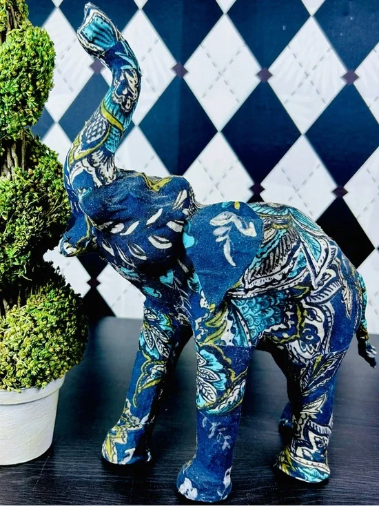 Blue Paisley Elephant Decor Boho Fabric Wrapped‎ Sculpture Figurine Vintage