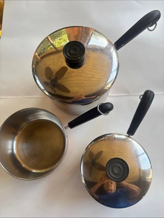 Revere Stainless Steel Saucepan Set with Black Handles copper bottoms - vintage