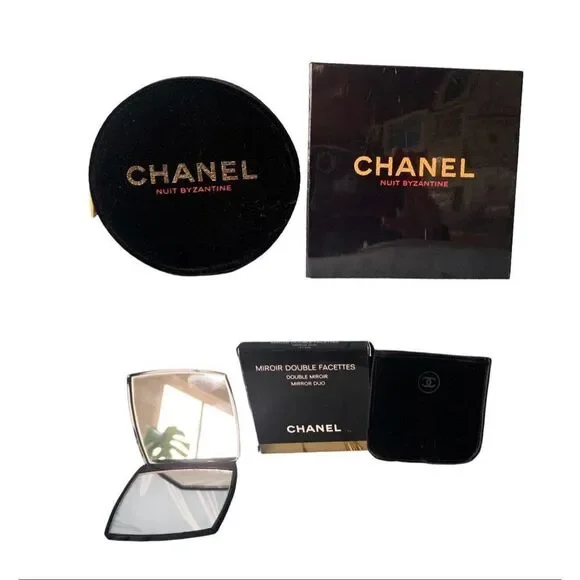 NEW in BOX CHANEL DOUBLE compact MIRROR & Velour Cosmetic Makeup Bag SET LOT