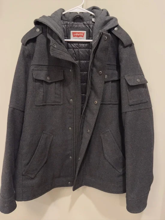 Levi’s Mens Wool Blend Quilted Lined Hooded Military Field Jacket Charcoal Large