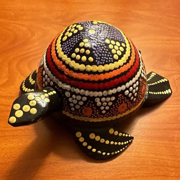 Handmade Hand-Painted Wooden Turtle Figurine Bali Dot Pattern Art -bobble head