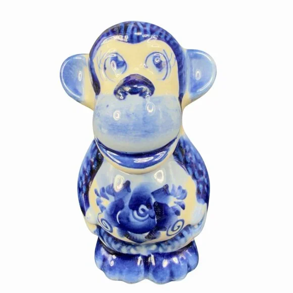 Handmade Gzhel Russian‎ Porcelain Small Monkey Figurine Had Painted Cobalt Blue