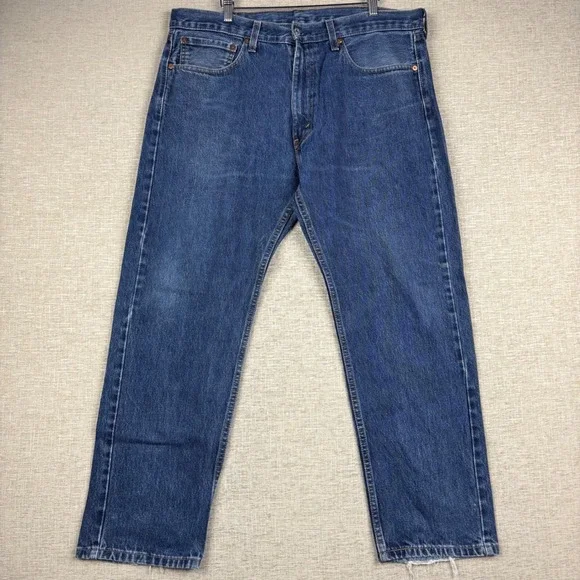 Levis 505 Mens 38x30 Jeans Dark Western Washed Denim slight Fades Distress Hems