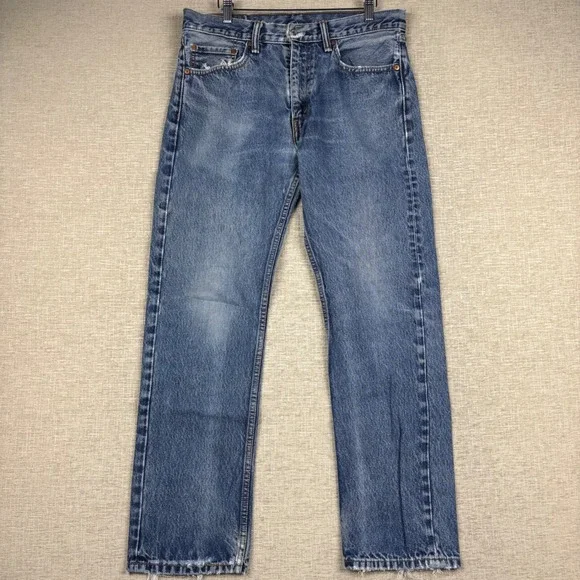 Levis 505 Mens 33x32 Jeans Medium Light Blue Distressed Washed Denim Frayed Hem